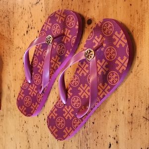 Tory Burch-Printed Thin Flip Flop, Pink/Orange, size 8